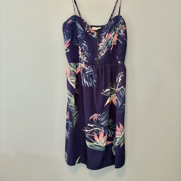 Roxy Tropical Floral Dress Purple XL – Smocked Back, Pleated Front, Zip Detail - Picture 2 of 12